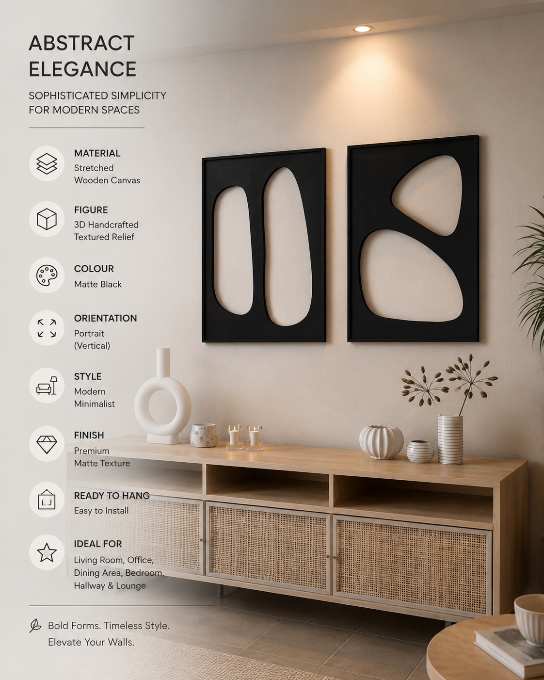 Eclipse Harmony – Black & Ivory Handcrafted Abstract Wall Art Set on Stretched Wooden Canvas | Wallorah