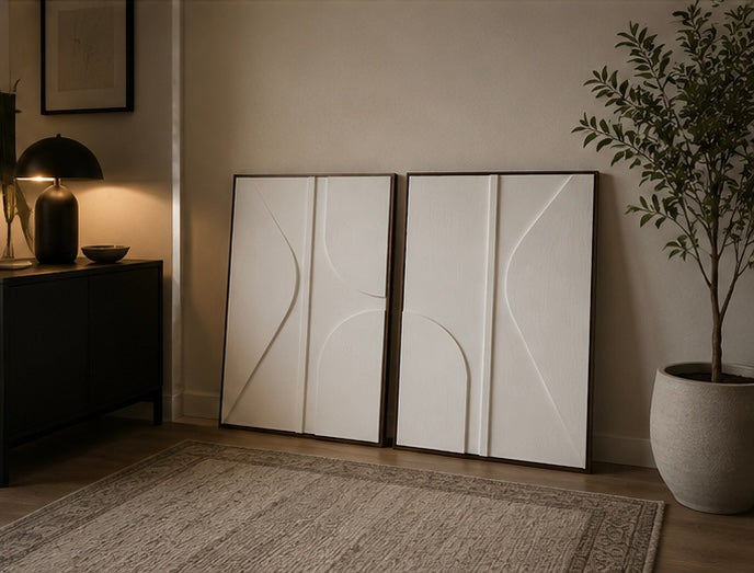 Ivory White Harmony – Handcrafted Abstract Wall Art (Set of 2) on Stretched Wooden Canvas | Wallorah