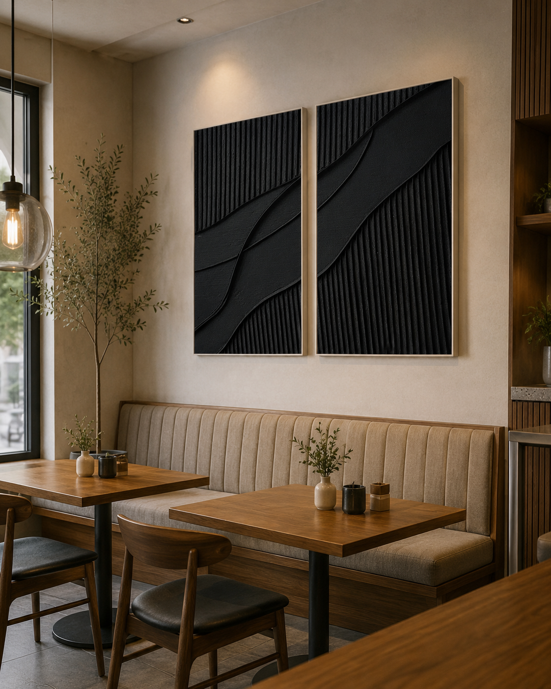 Midnight Harmony – Handcrafted Matte Black Abstract Wall Art Set of 2 on Stretched Wooden Canvas | Wallorah