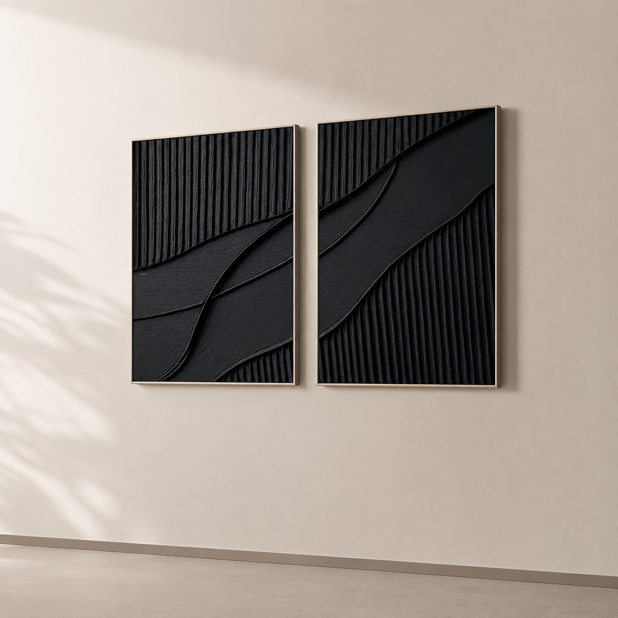 Midnight Harmony – Handcrafted Matte Black Abstract Wall Art Set of 2 on Stretched Wooden Canvas | Wallorah