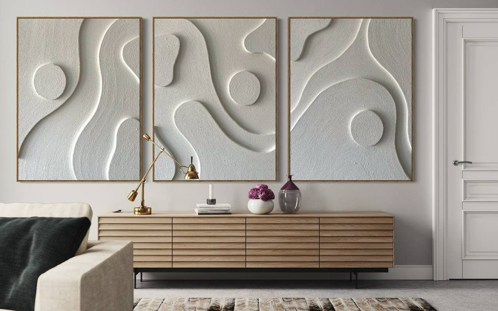Organic Harmony Triptych – Ivory White Handcrafted Abstract Wall Art Set on Stretched Wooden Canvas | Wallorah