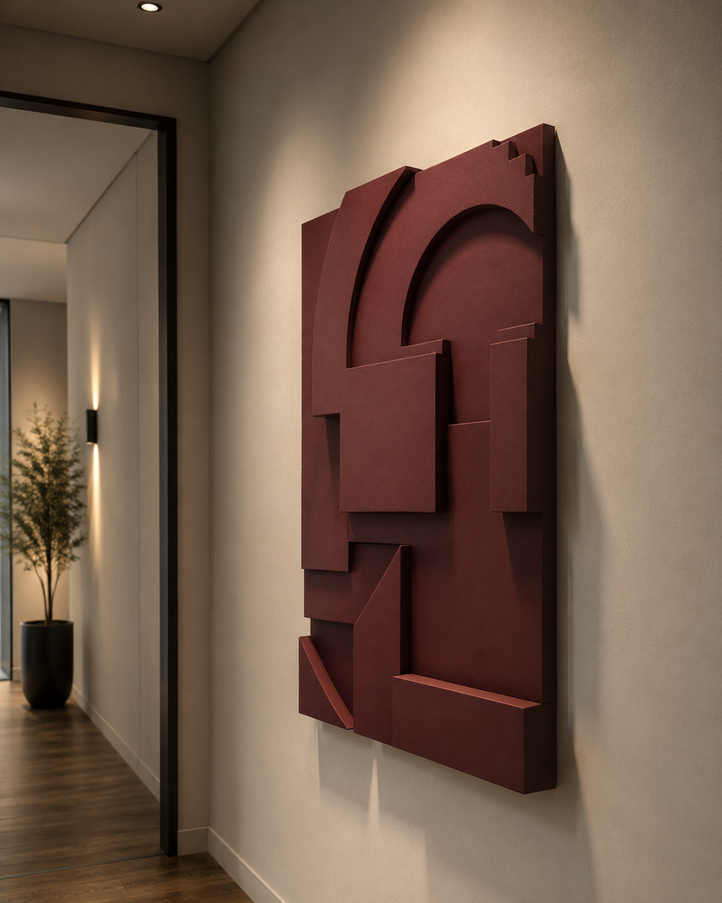 Burgundy Geometric Relief Wall Art | Handcrafted 3D Wooden Wall Sculpture – Wallorah