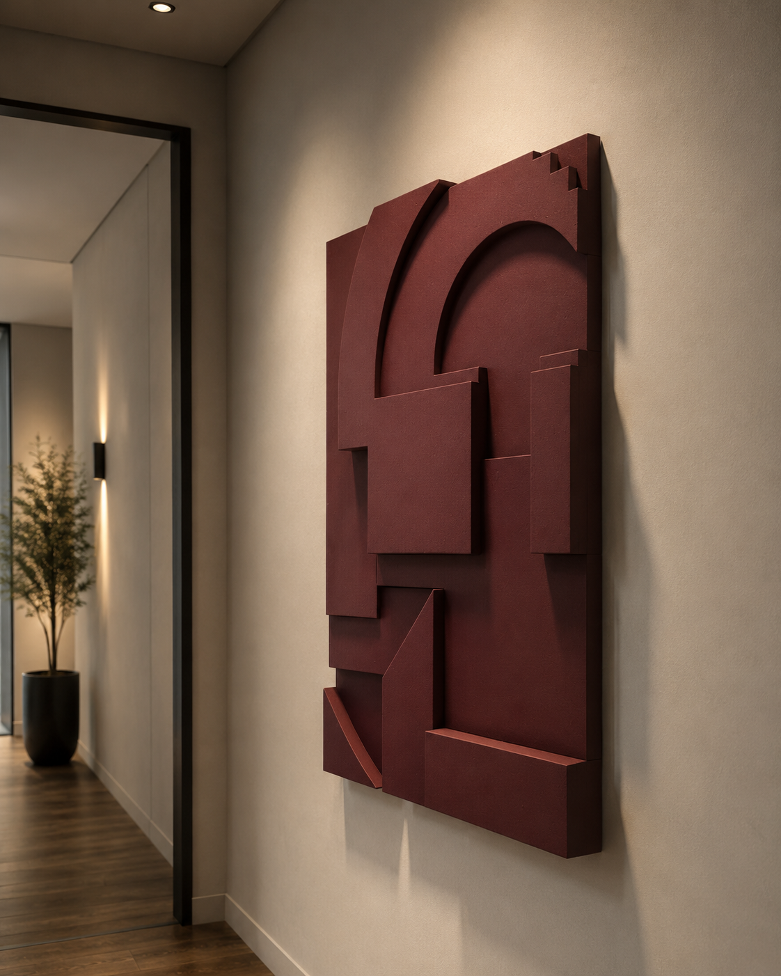 Burgundy Geometric Relief Wall Art | Handcrafted 3D Wooden Wall Sculpture – Wallorah