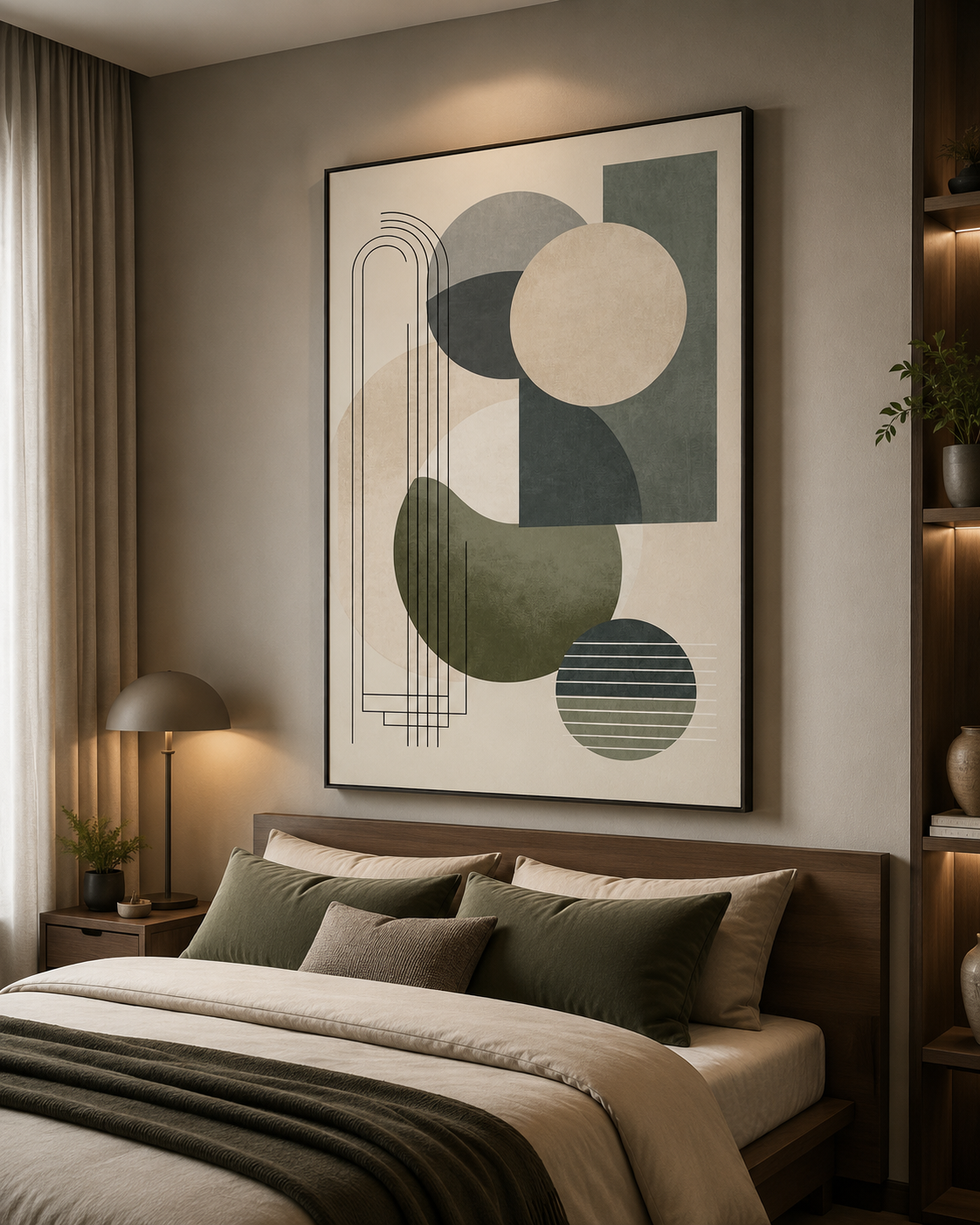 Modern Geometric Balance Abstract Wall Art | Neutral Green Framed Canvas – Wallorah