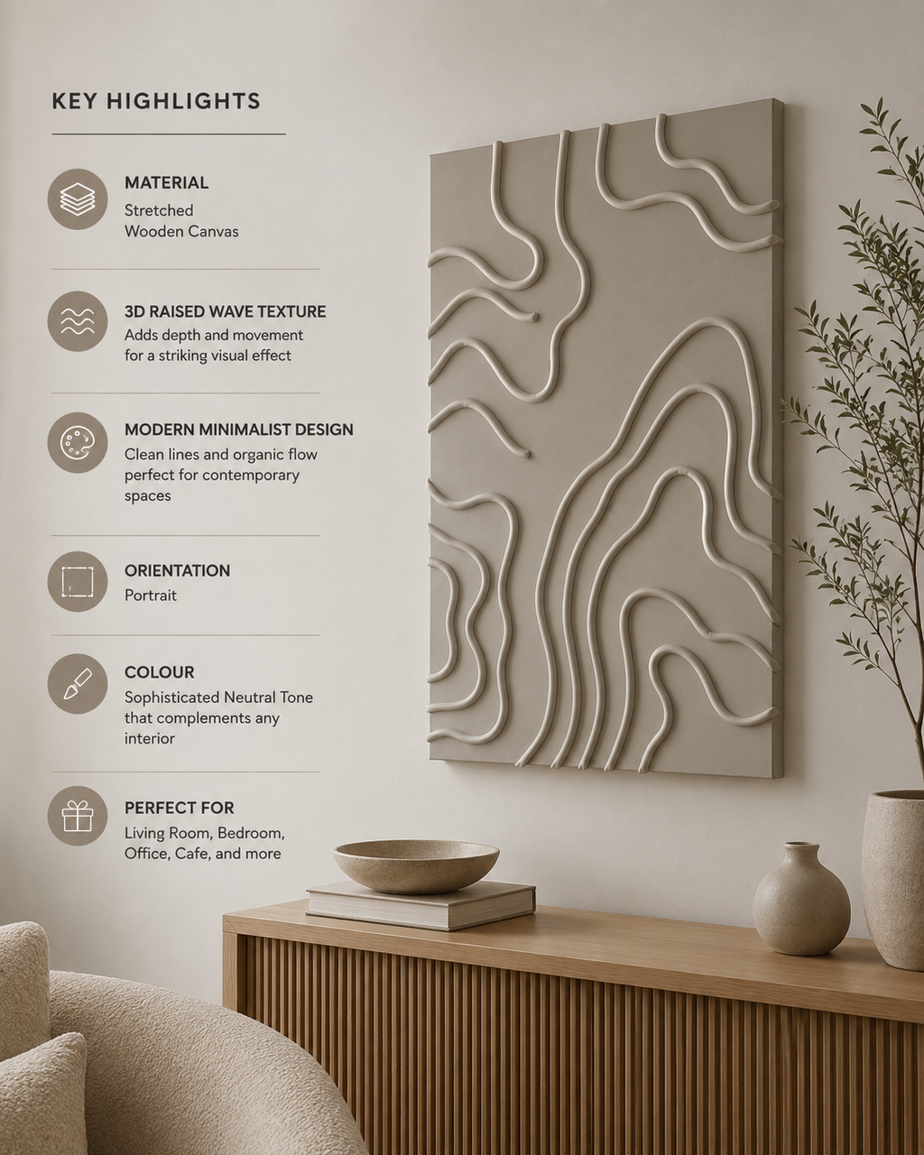 Ivory Contour Flow – Handcrafted Minimalist 3D Abstract Wall Art on Stretched Wooden Canvas | Wallorah