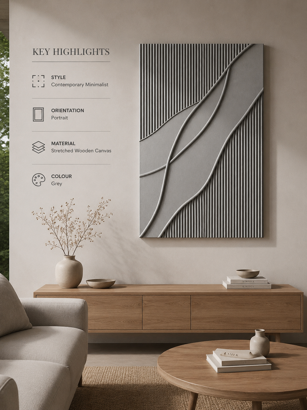 Silver Flow – Handcrafted Silver Grey Minimalist Textured Wall Art on Stretched Wooden Canvas | Wallorah
