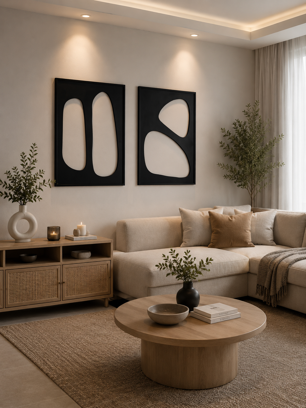 Eclipse Harmony – Black & Ivory Handcrafted Abstract Wall Art Set on Stretched Wooden Canvas | Wallorah