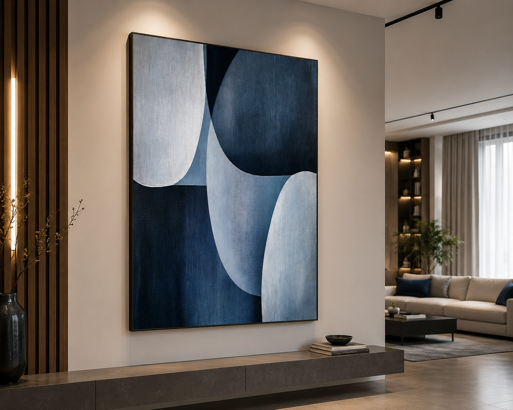 Midnight Flow Abstract Wall Art | Modern Blue Geometric Canvas – Wallorah