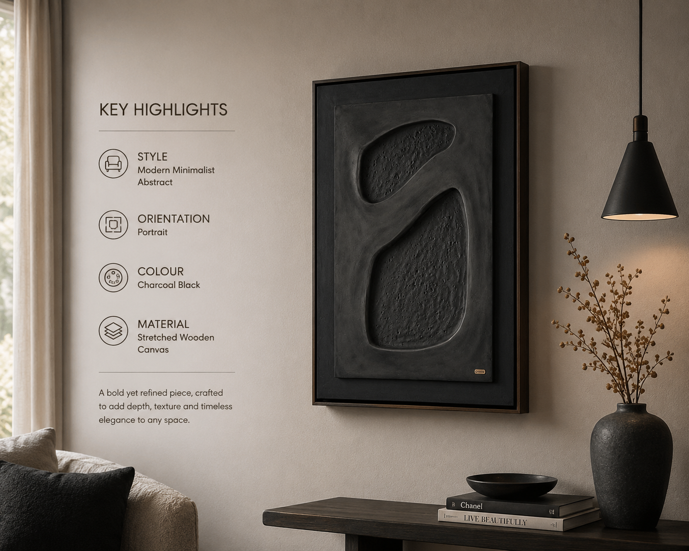 Midnight Stones – Matte Black Handcrafted Abstract Wall Art on Stretched Wooden Canvas | Wallorah