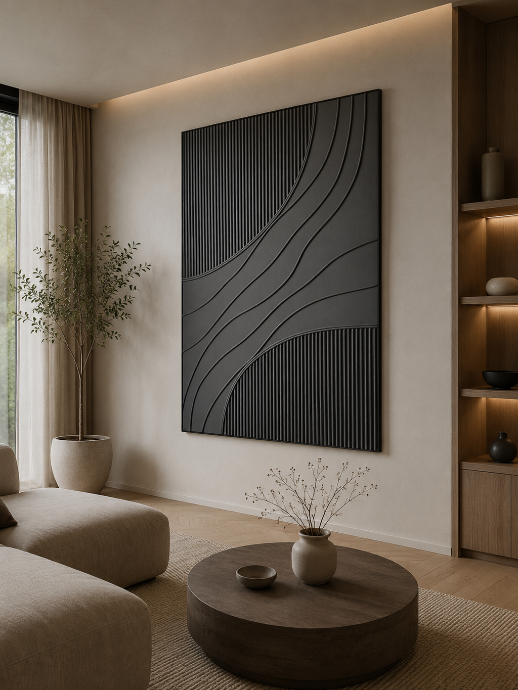 Midnight Waves – Handcrafted Matte Black Textured Abstract Wall Art on Stretched Wooden Canvas | Wallorah