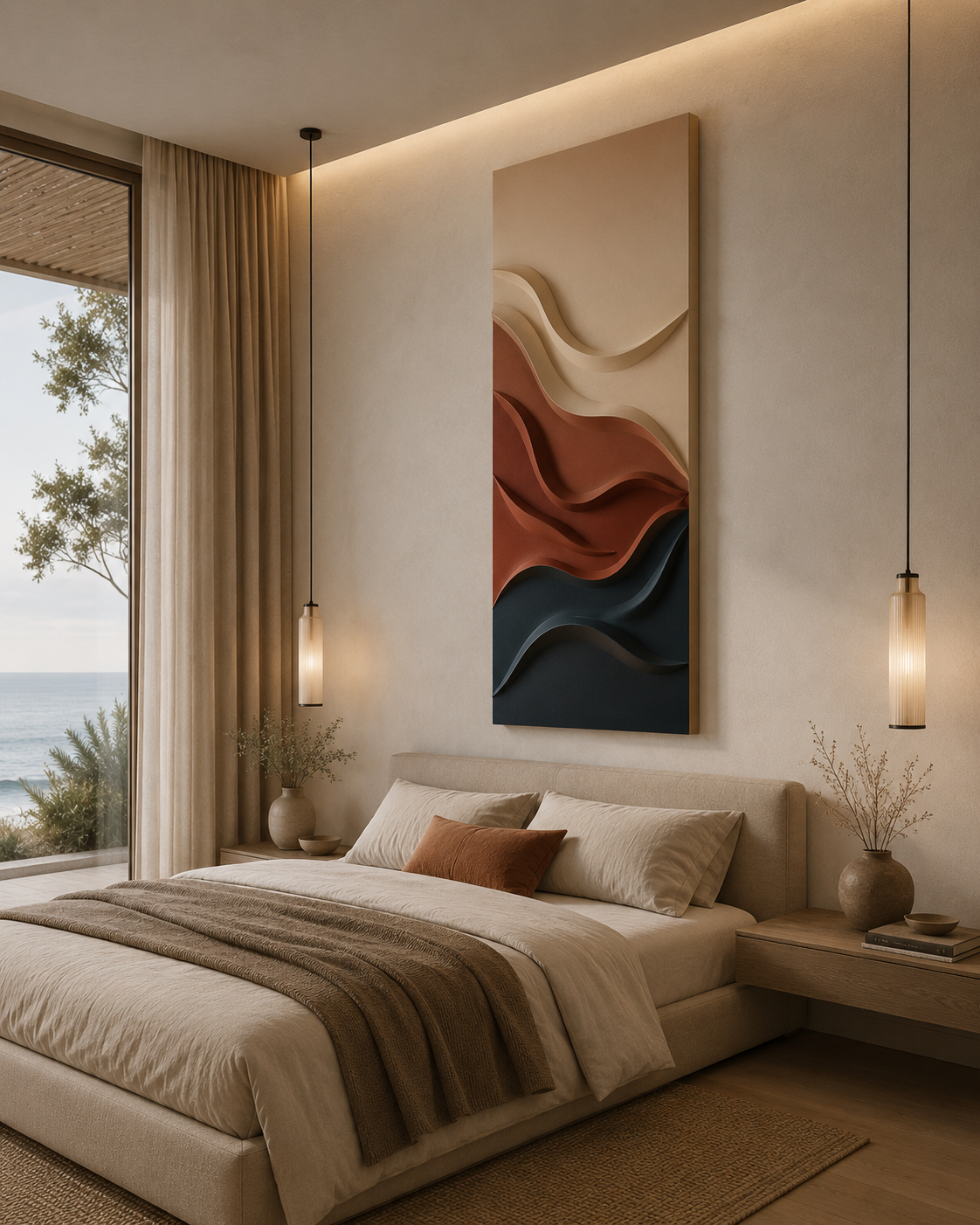 Terracotta Flow – Handcrafted Terracotta, Ivory & Slate Blue Abstract Wall Art on Stretched Wooden Canvas | Wallorah