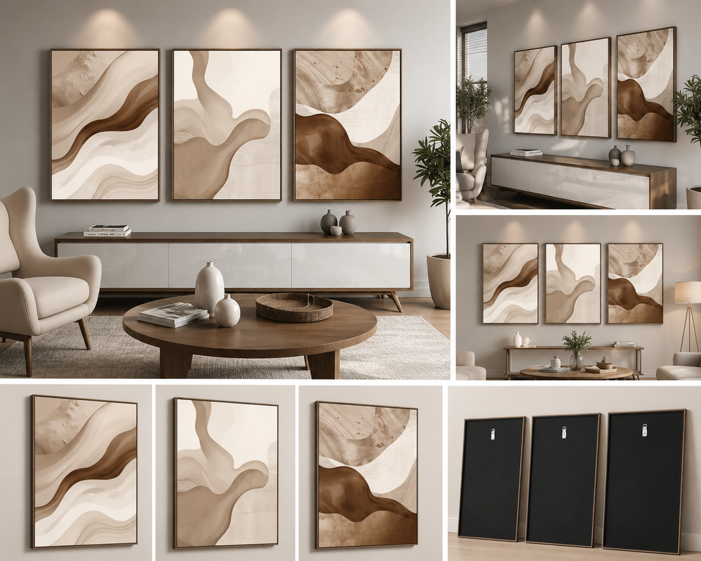 Earth Flow – Modern Neutral Abstract Wall Art Set of 3 | Premium Framed Canvas | Beige & Brown Minimalist Living Room Decor