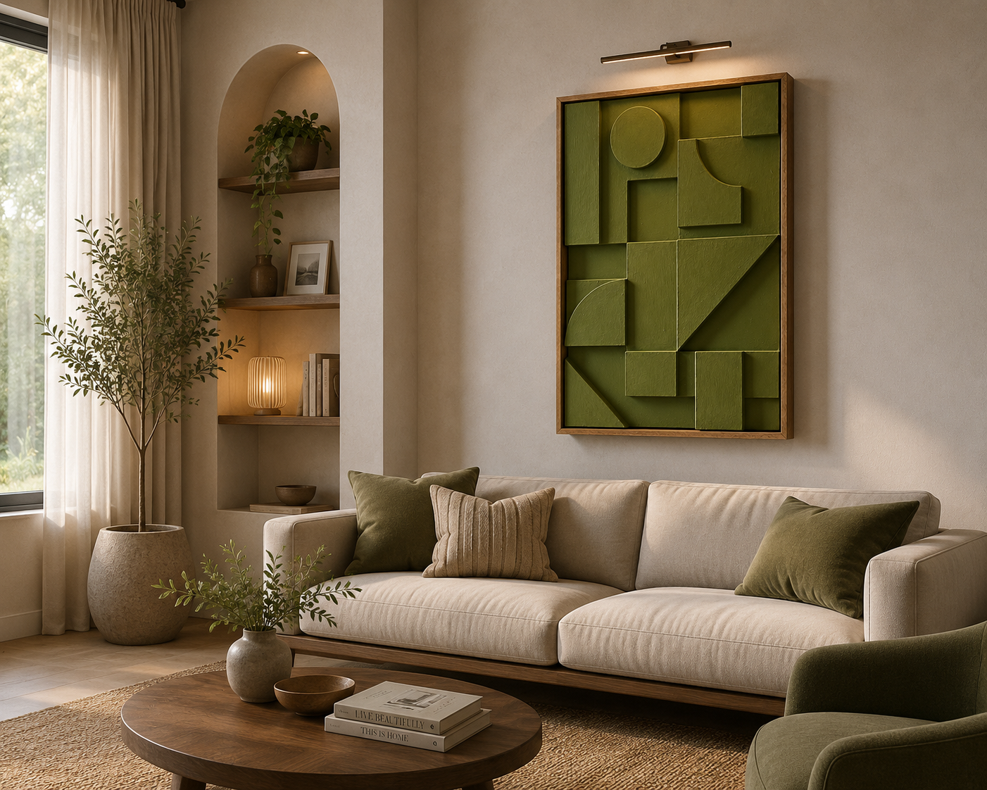Olive Geometry – Olive Green Handcrafted Geometric Wall Art on Stretched Wooden Canvas | Wallorah