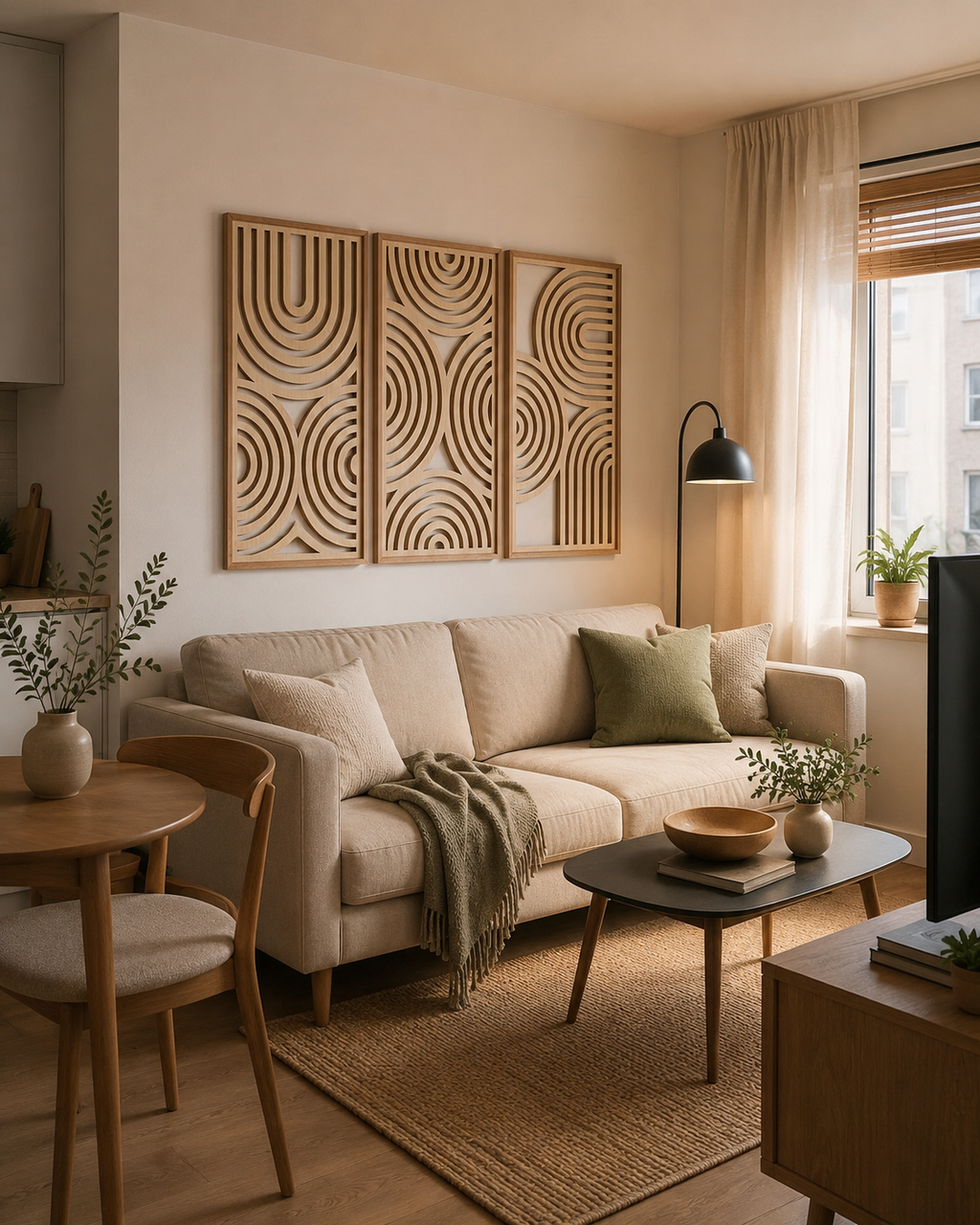 Nordic Arc Symphony – Handcrafted Wooden Geometric Triptych Wall Art on Stretched Wooden Canvas | Wallorah