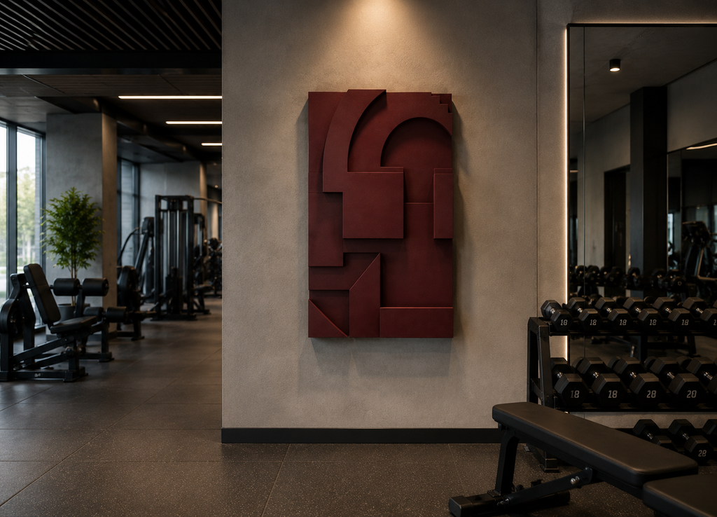 Burgundy Geometric Relief Wall Art | Handcrafted 3D Wooden Wall Sculpture – Wallorah