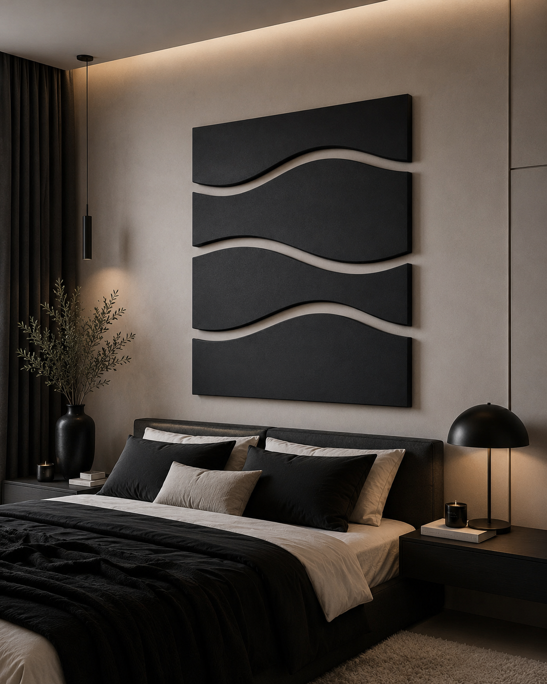 Midnight Waves – Black Minimalist Handcrafted Wall Art on Stretched Wooden Canvas | Wallorah