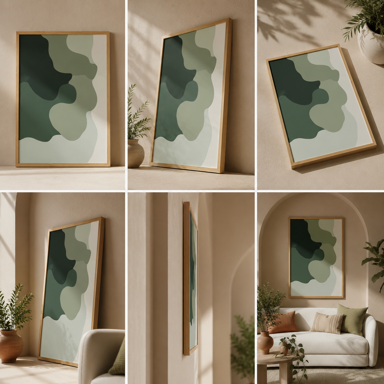 Verdant Flow – Minimalist Abstract Green Wall Art | Modern Botanical Canvas Print | Scandinavian Living Room Decor | Neutral Contemporary Framed Artwork