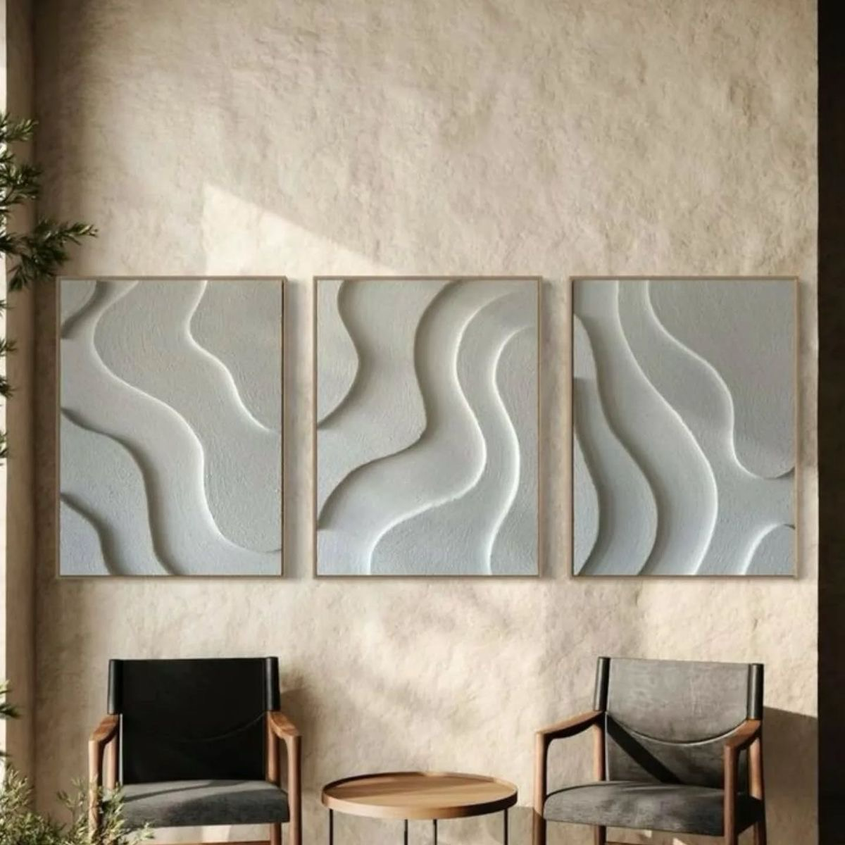 Serene Waves Triptych – Ivory White Handcrafted Abstract Wall Art Set on Stretched Wooden Canvas | Wallorah
