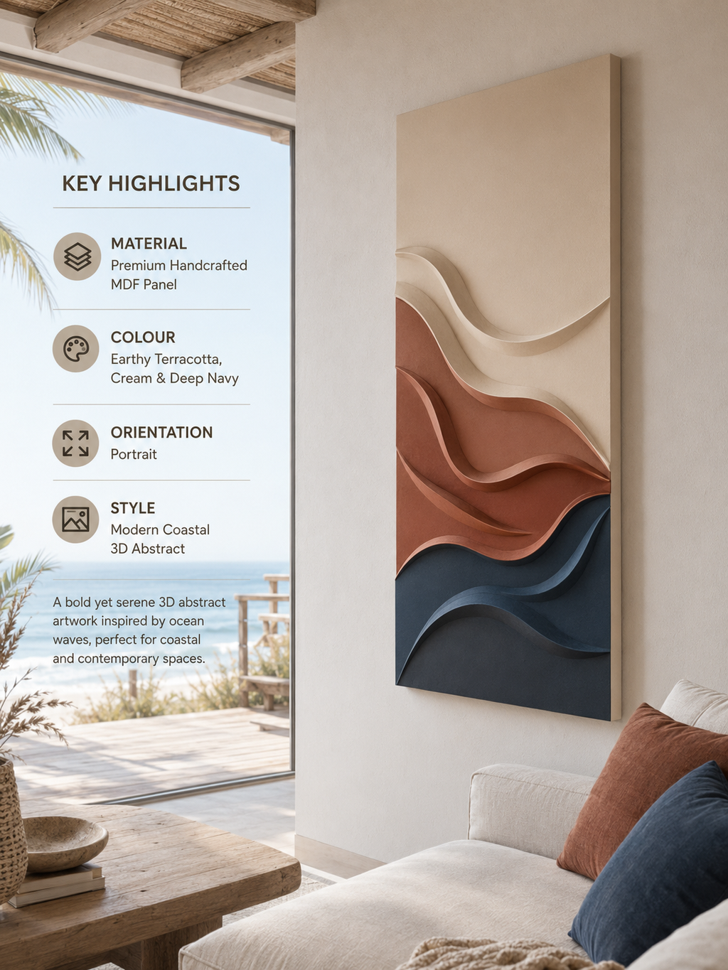 Terracotta Flow – Handcrafted Terracotta, Ivory & Slate Blue Abstract Wall Art on Stretched Wooden Canvas | Wallorah