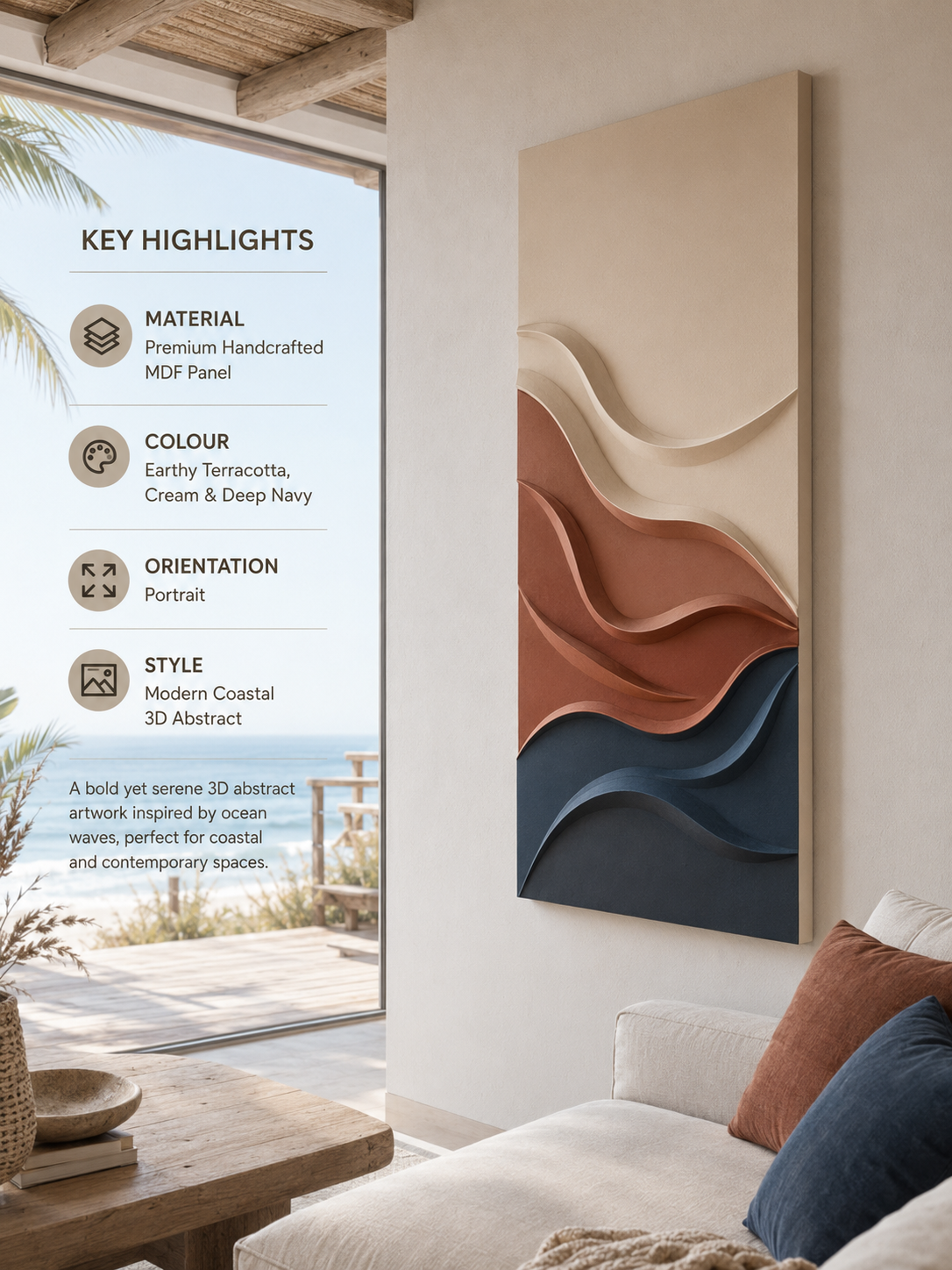 Terracotta Flow – Handcrafted Terracotta, Ivory & Slate Blue Abstract Wall Art on Stretched Wooden Canvas | Wallorah