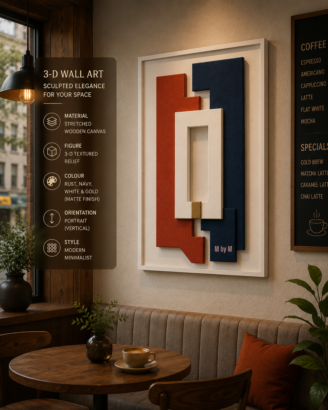 Modern Contrast – Rust, Navy Blue & White Handcrafted Geometric Wall Art on Stretched Wooden Canvas | Wallorah
