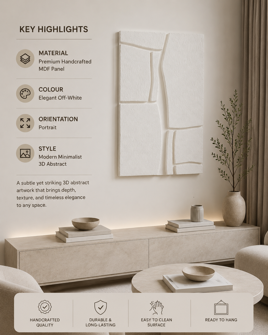 Ivory Rift – Handcrafted Ivory White Minimalist Textured Wall Art on Stretched Wooden Canvas | Wallorah