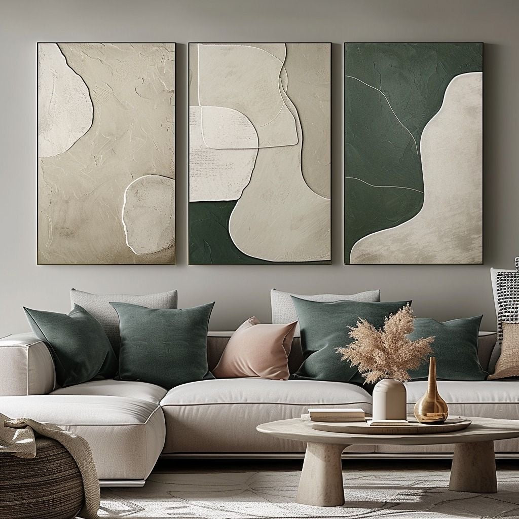 Verdant Serenity | Set of 3 Abstract Botanical Canvas Wall Art | Premium UV Printed Ready-to-Hang