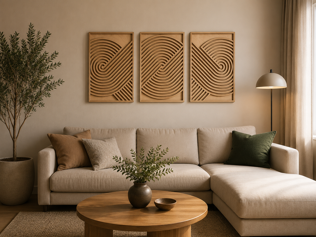 Nordic Wave Harmony – Handcrafted Wooden Geometric Triptych Wall Art on Stretched Wooden Canvas | Wallorah