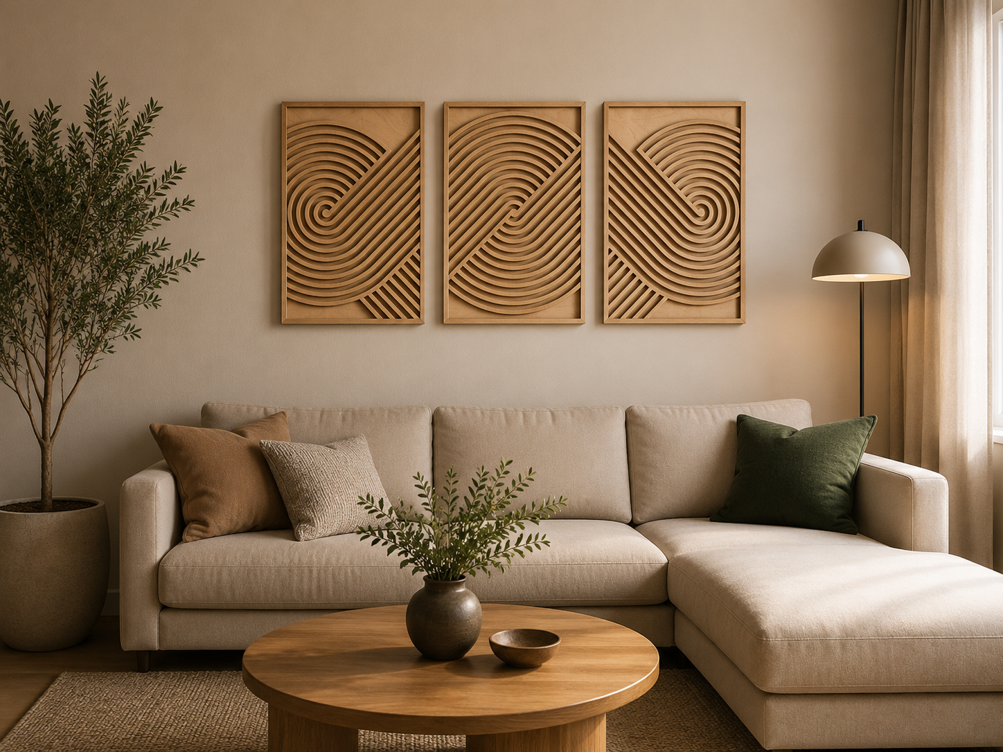 Nordic Wave Harmony – Handcrafted Wooden Geometric Triptych Wall Art on Stretched Wooden Canvas | Wallorah
