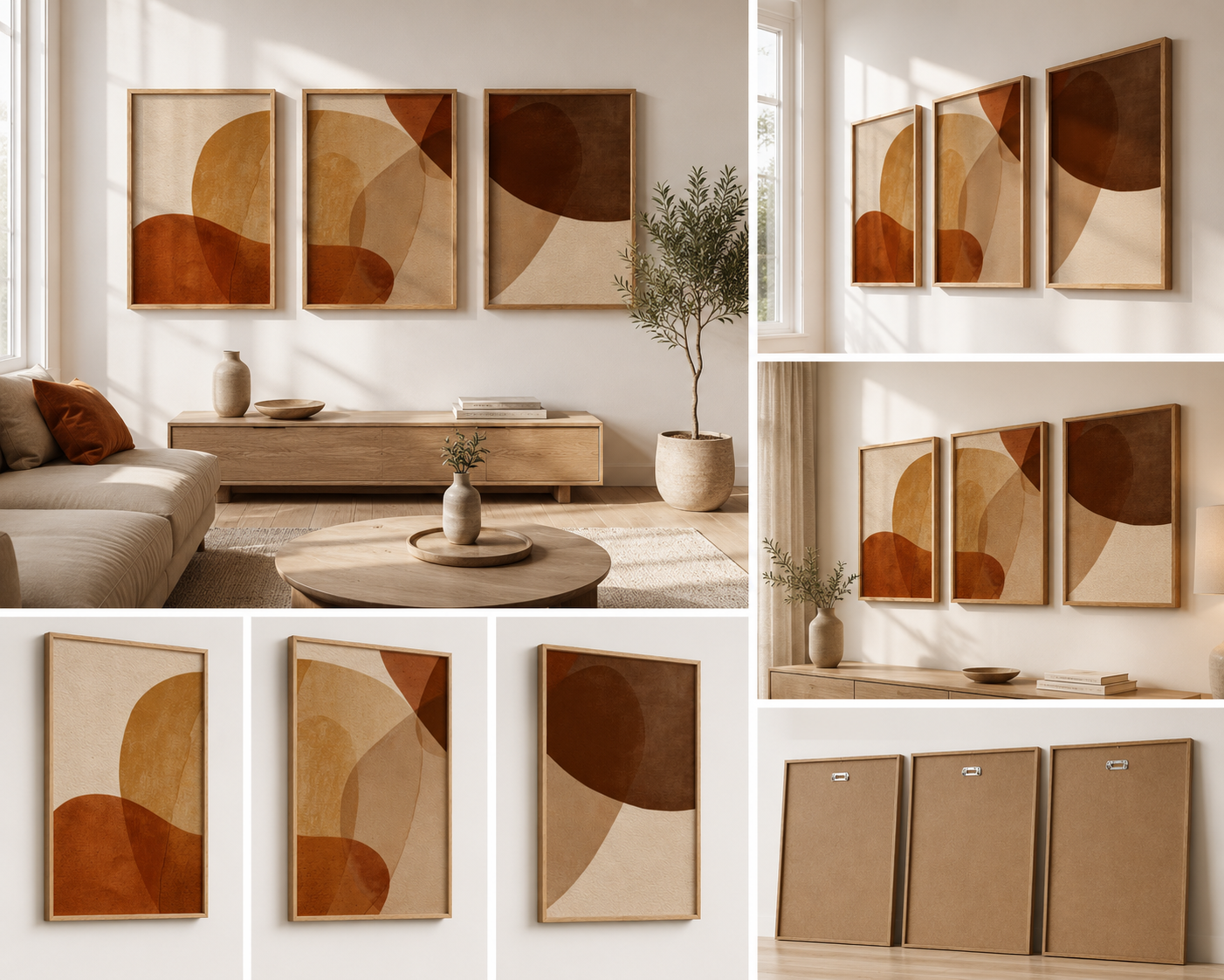 Terracotta Essence – Modern Abstract Wall Art Set of 3 | Premium Framed Canvas | Earth Tone Minimalist Wall Decor
