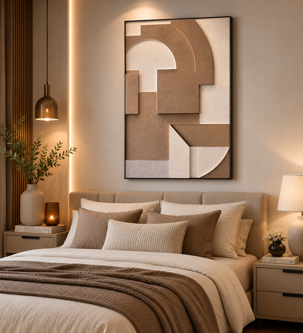 Modern Arch Geometry – Taupe & White Handcrafted Abstract Wall Art on Stretched Wooden Canvas | Wallorah