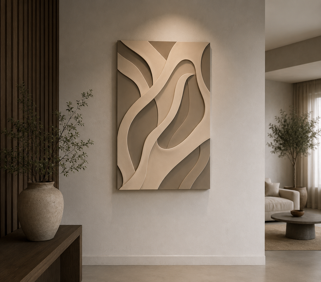 Flowing Harmony – Beige & Taupe Handcrafted Textured Wall Art on Stretched Wooden Canvas | Wallorah