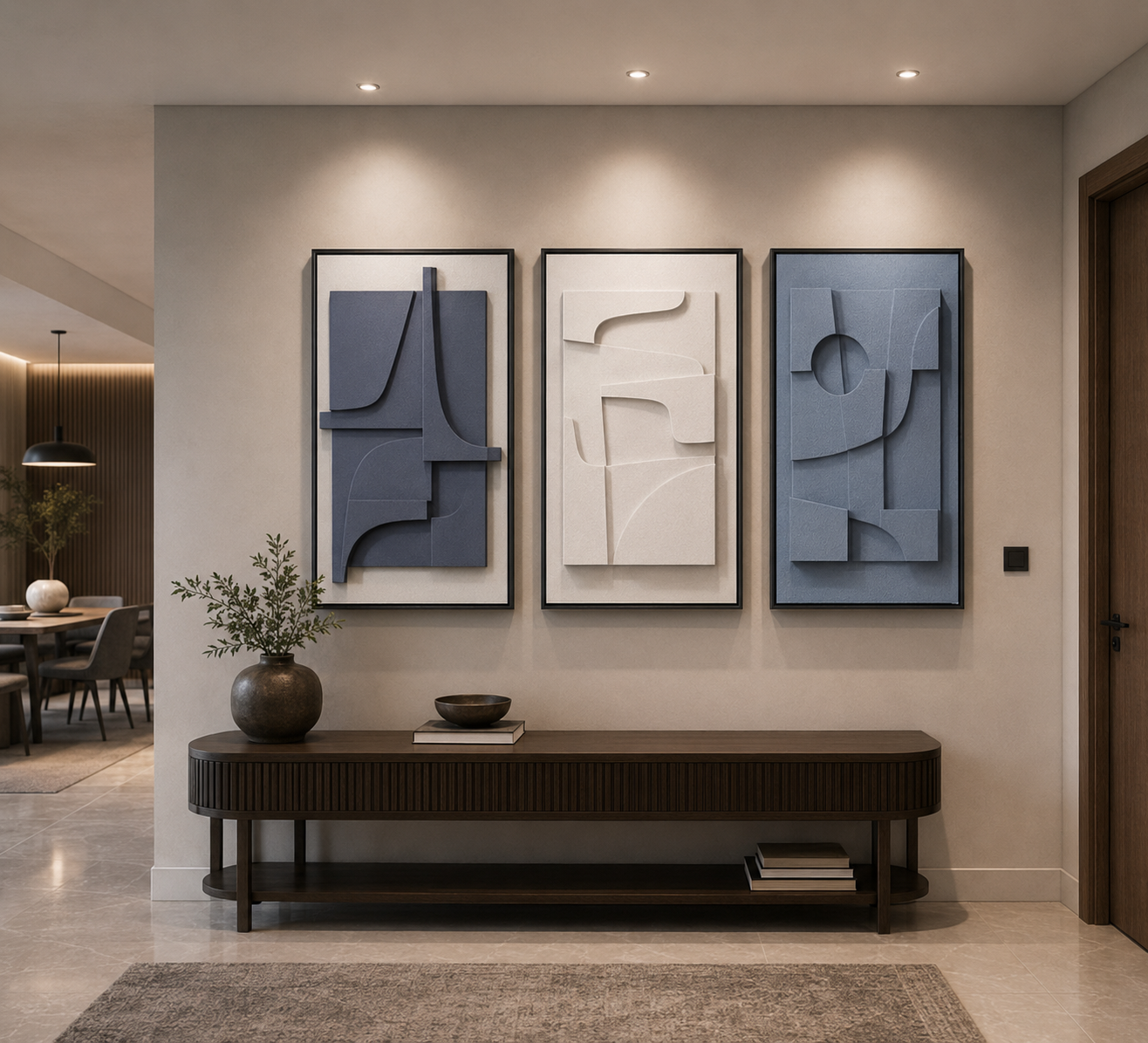 Modern Harmony Trio – Slate Blue, Ivory & Steel Blue Handcrafted Textured Wall Art Set of 3 on Stretched Wooden Canvas | Wallorah
