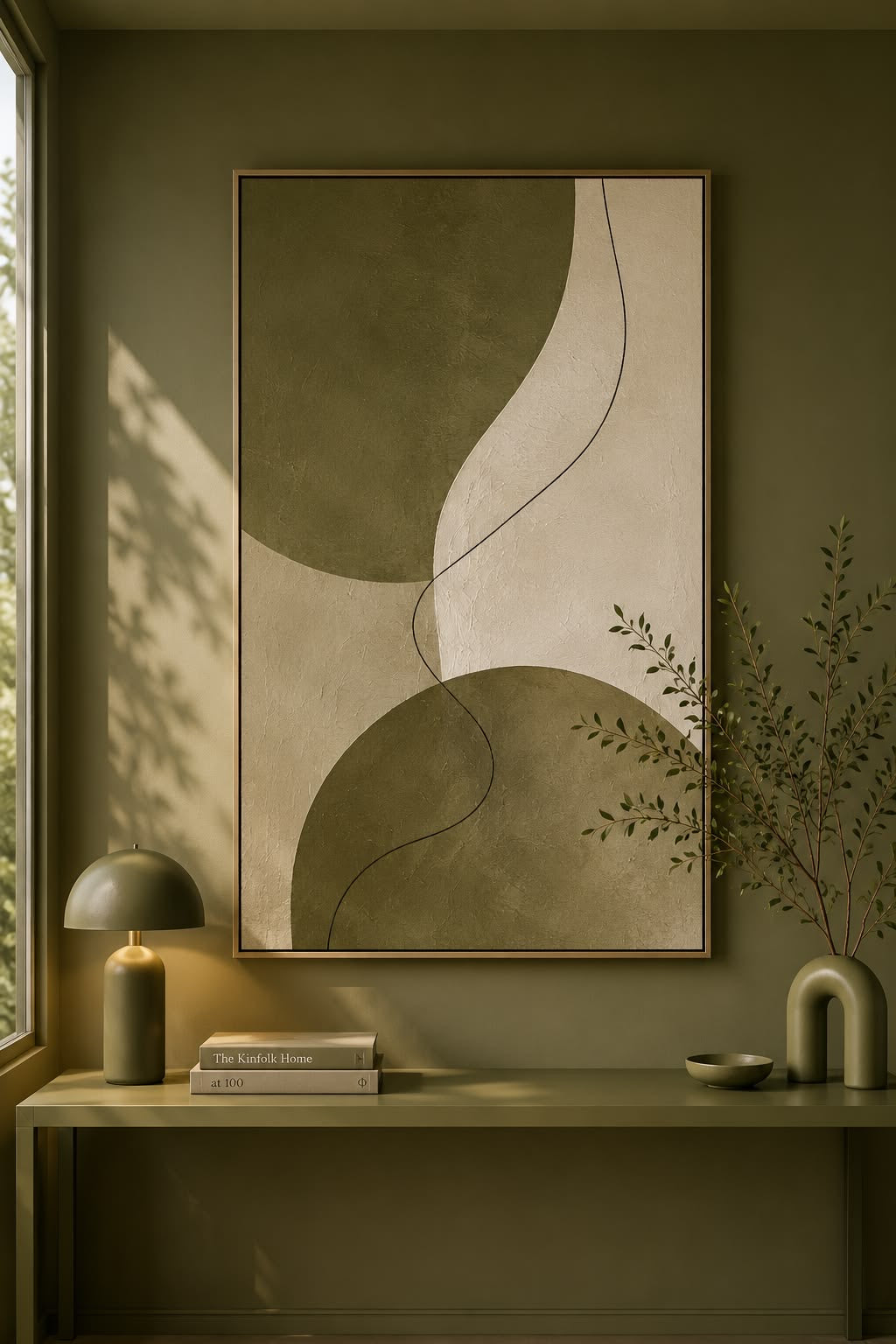 Olive Serenity – Abstract Minimalist Wall Art | Olive Green & Beige Organic Canvas Print | Japandi Scandinavian Modern Home Decor