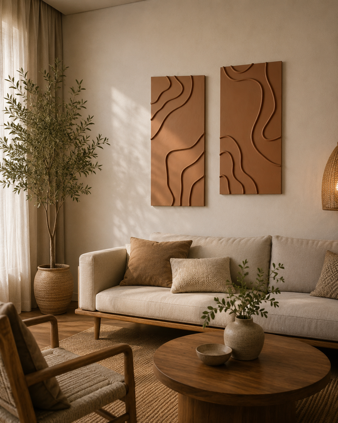 Terra Contours – Handcrafted Mocha Brown Abstract Wall Art Set of 2 on Stretched Wooden Canvas | Wallorah