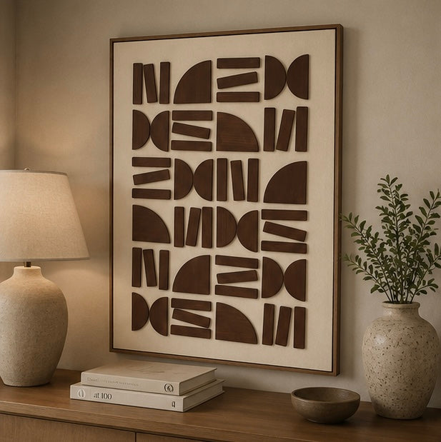Terra Mosaic – Walnut Brown & Ivory Handcrafted Geometric Wall Art on Stretched Wooden Canvas | Wallorah