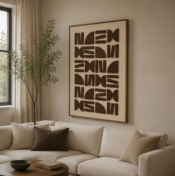 Terra Mosaic – Walnut Brown & Ivory Handcrafted Geometric Wall Art on Stretched Wooden Canvas | Wallorah