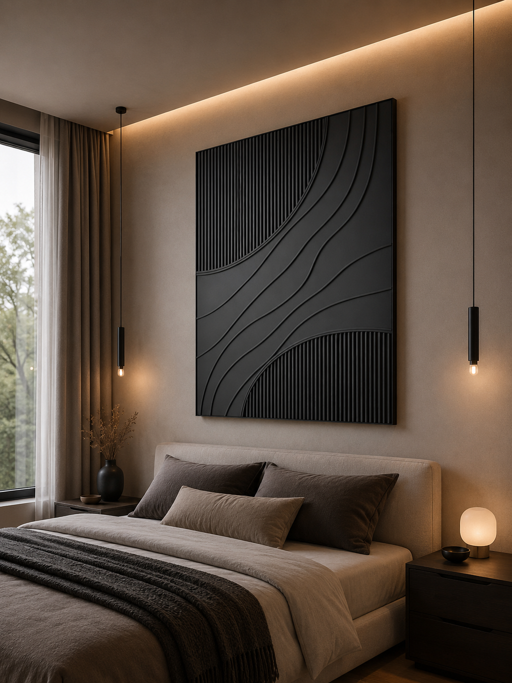 Midnight Waves – Handcrafted Matte Black Textured Abstract Wall Art on Stretched Wooden Canvas | Wallorah