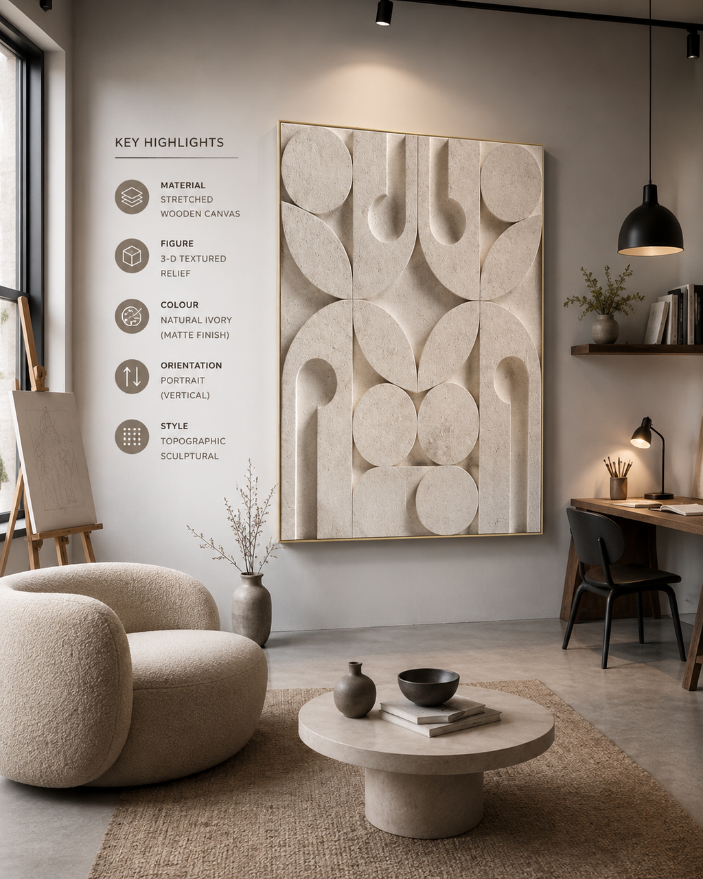 Eternal Geometry – Sand Beige Handcrafted 3D Abstract Wall Art on Stretched Wooden Canvas | Wallorah