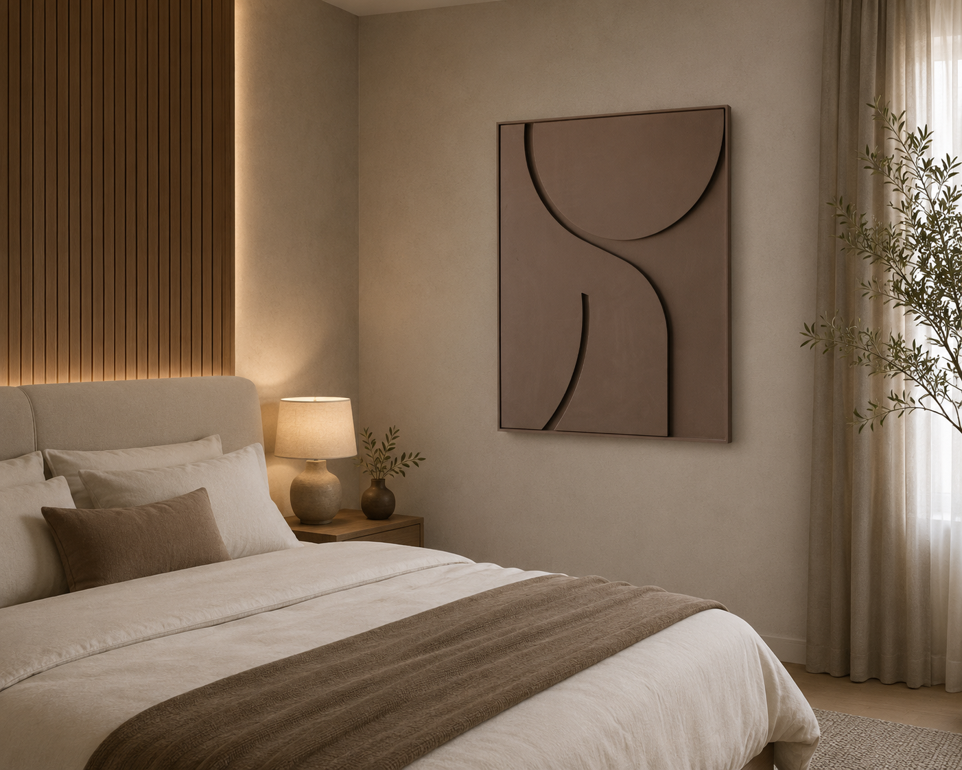 Mocha Curve – Handcrafted Taupe Geometric 3D Wall Art on Stretched Wooden Canvas | Wallorah