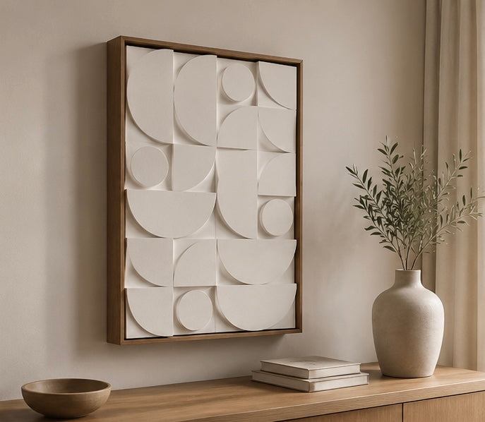 Ivory Mosaic Geometry – Handcrafted Abstract Wall Art on Stretched Wooden Canvas | Wallorah