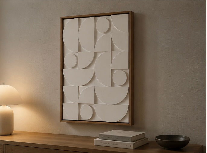 Ivory Mosaic Geometry – Handcrafted Abstract Wall Art on Stretched Wooden Canvas | Wallorah