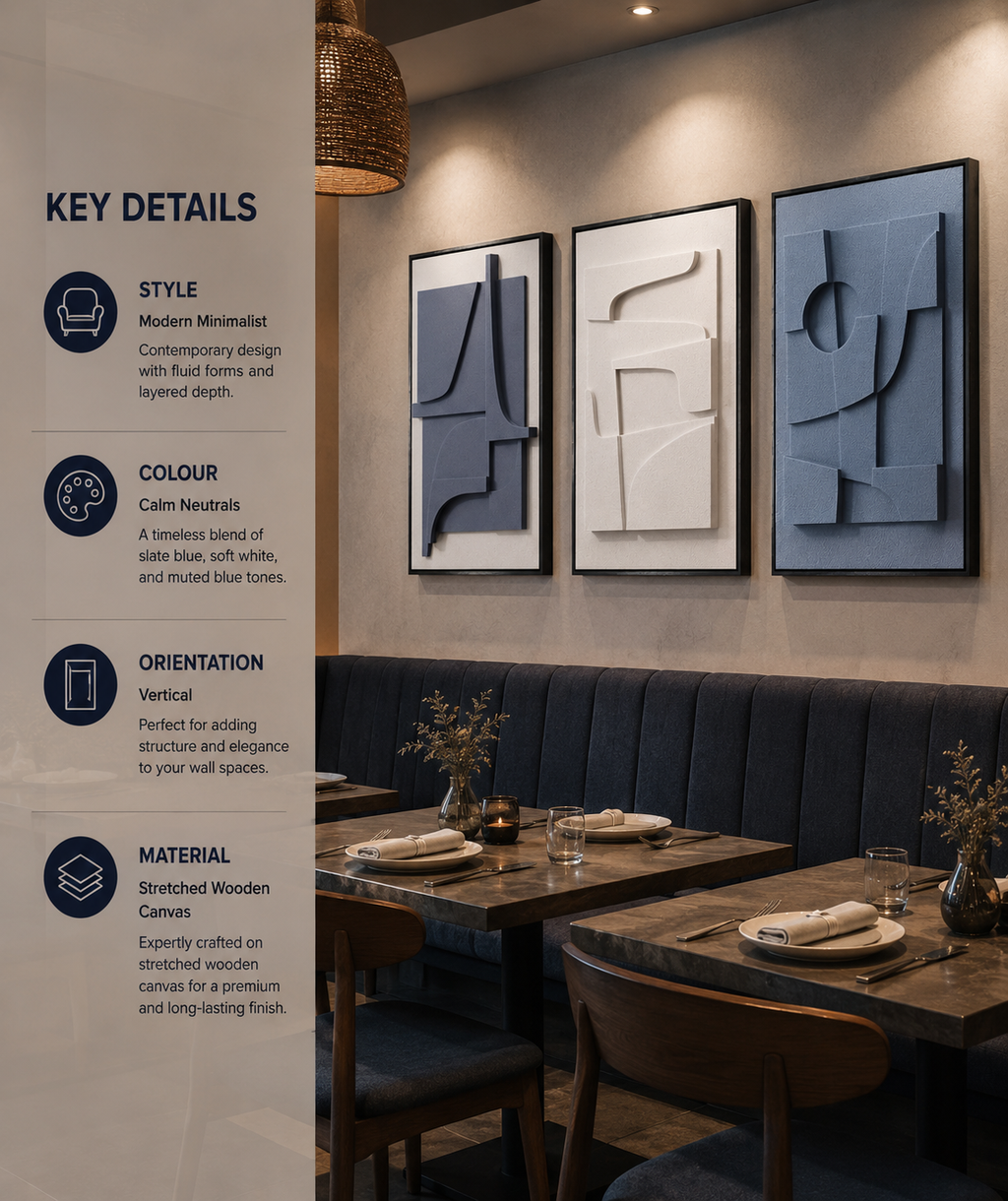 Modern Harmony Trio – Slate Blue, Ivory & Steel Blue Handcrafted Textured Wall Art Set of 3 on Stretched Wooden Canvas | Wallorah
