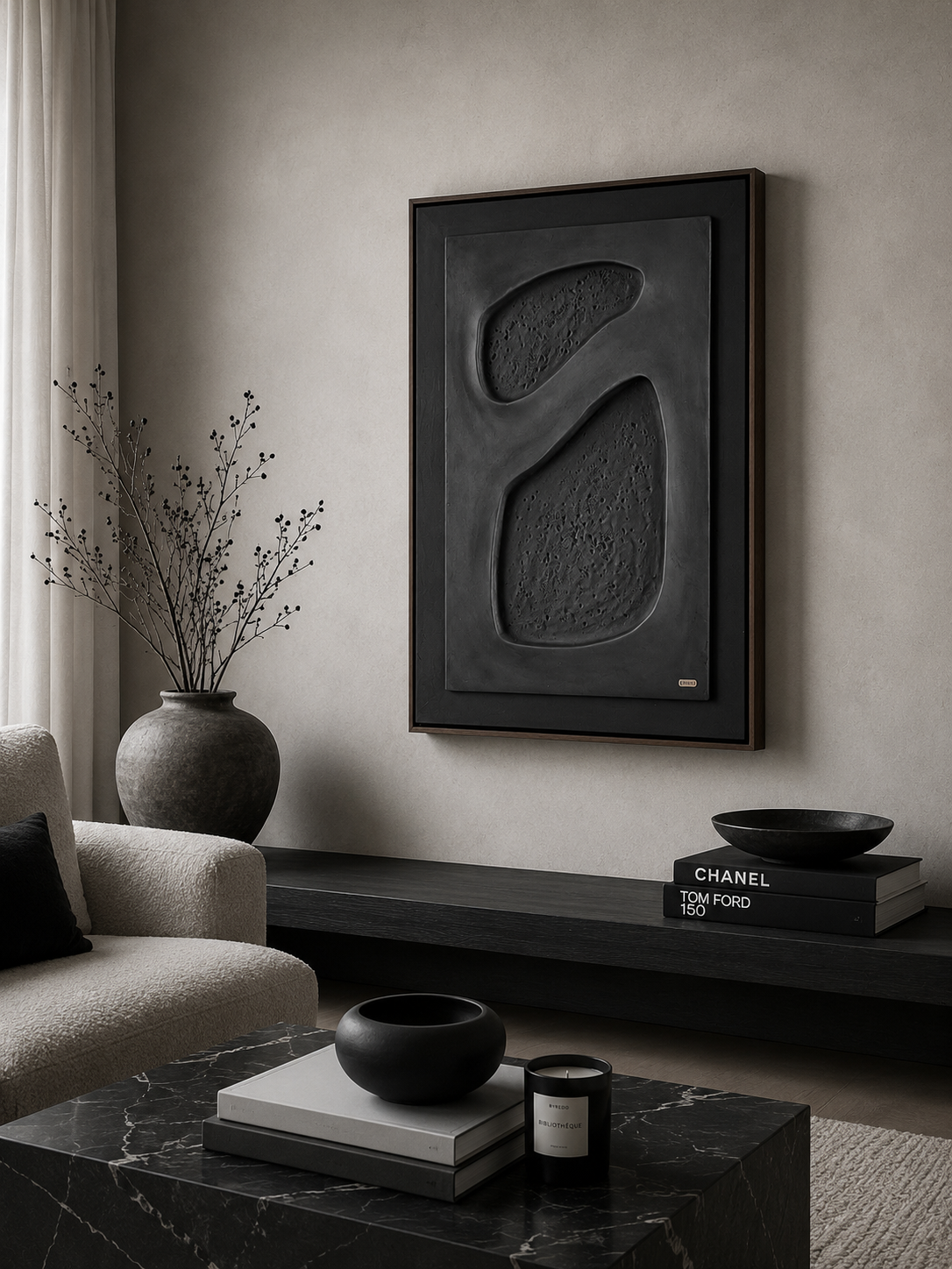 Midnight Stones – Matte Black Handcrafted Abstract Wall Art on Stretched Wooden Canvas | Wallorah