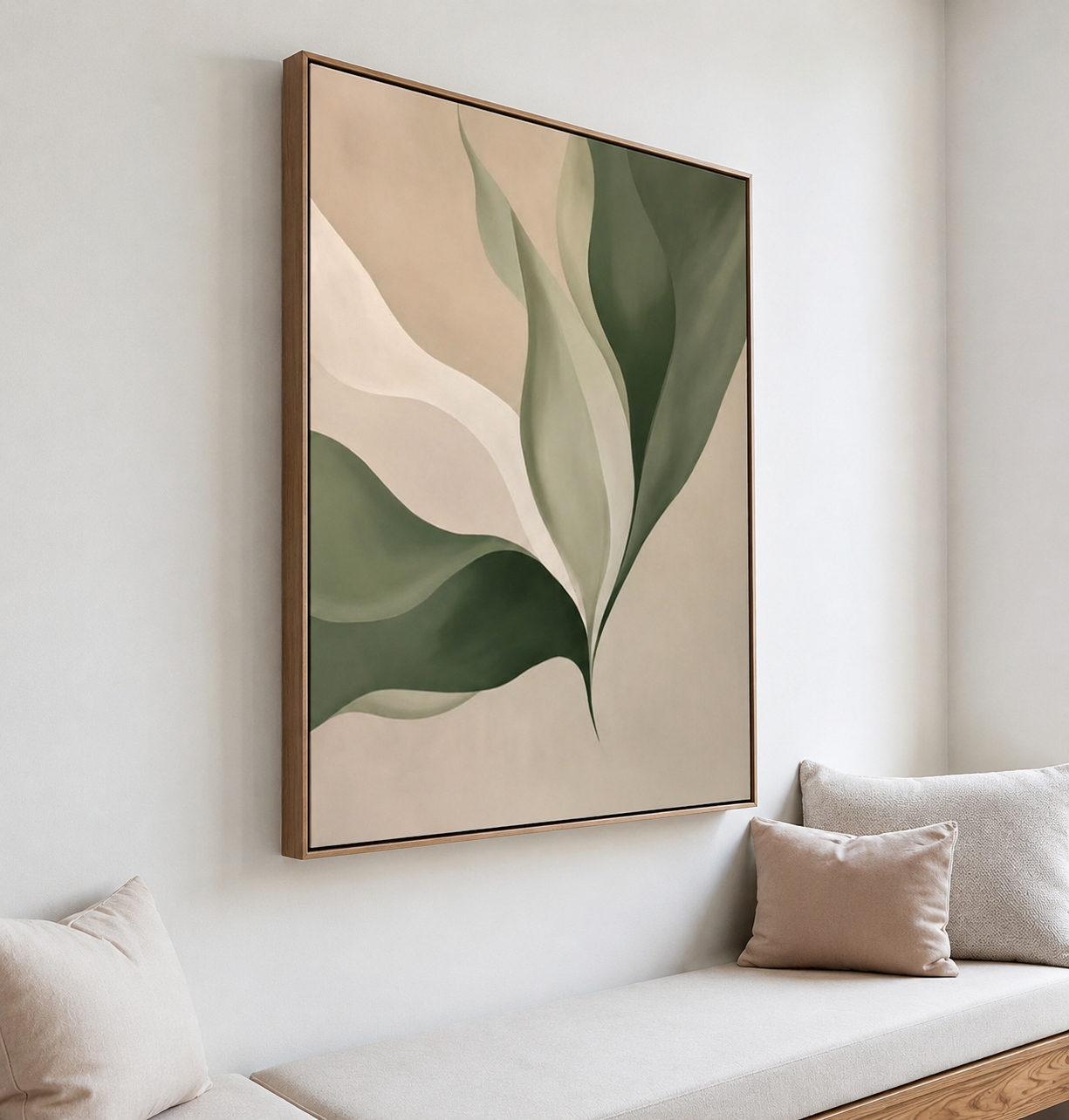 Serene Botanical Abstract Wall Art | Minimalist Green & Beige Canvas – Wallorah