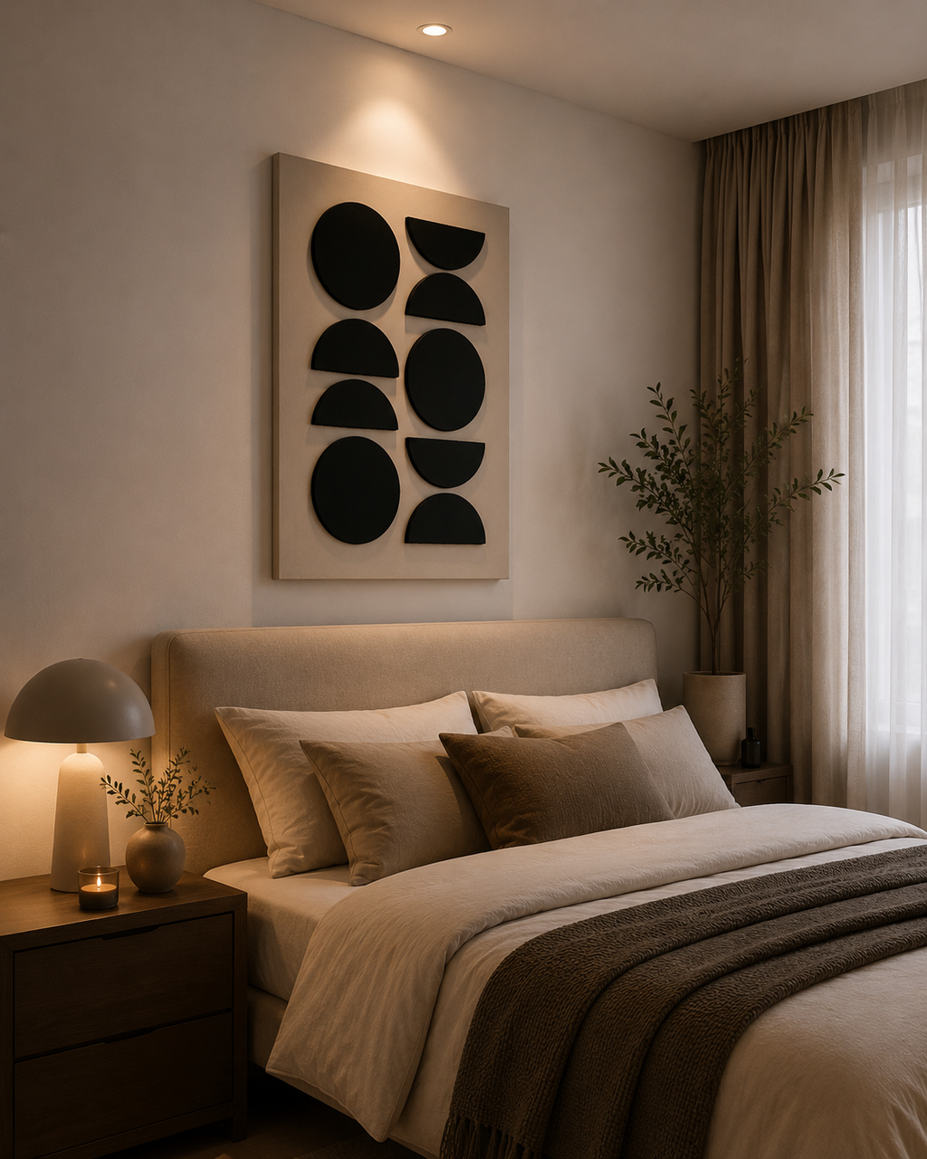 Monochrome Orbit – Black & Beige Handcrafted Geometric Wall Art on Stretched Wooden Canvas | Wallorah