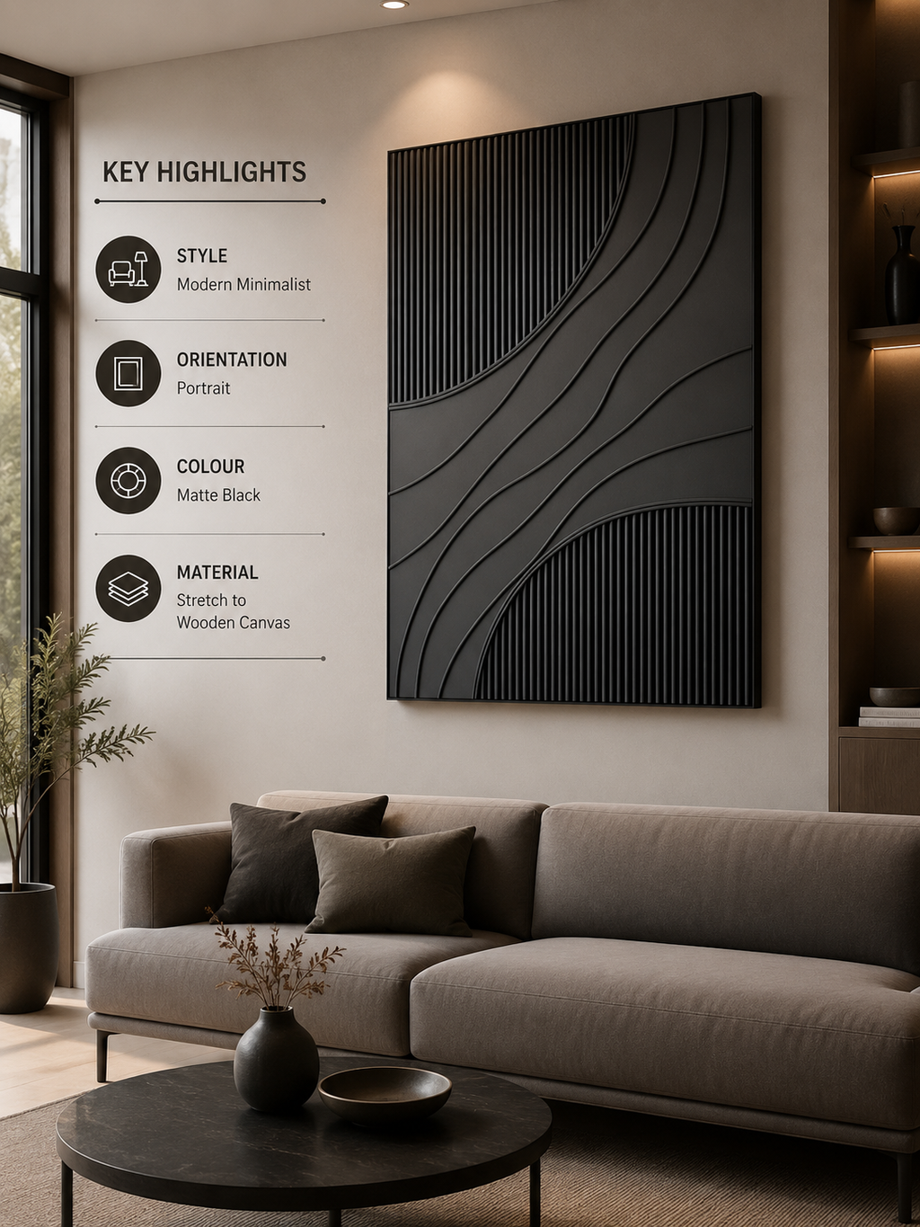 Midnight Waves – Handcrafted Matte Black Textured Abstract Wall Art on Stretched Wooden Canvas | Wallorah