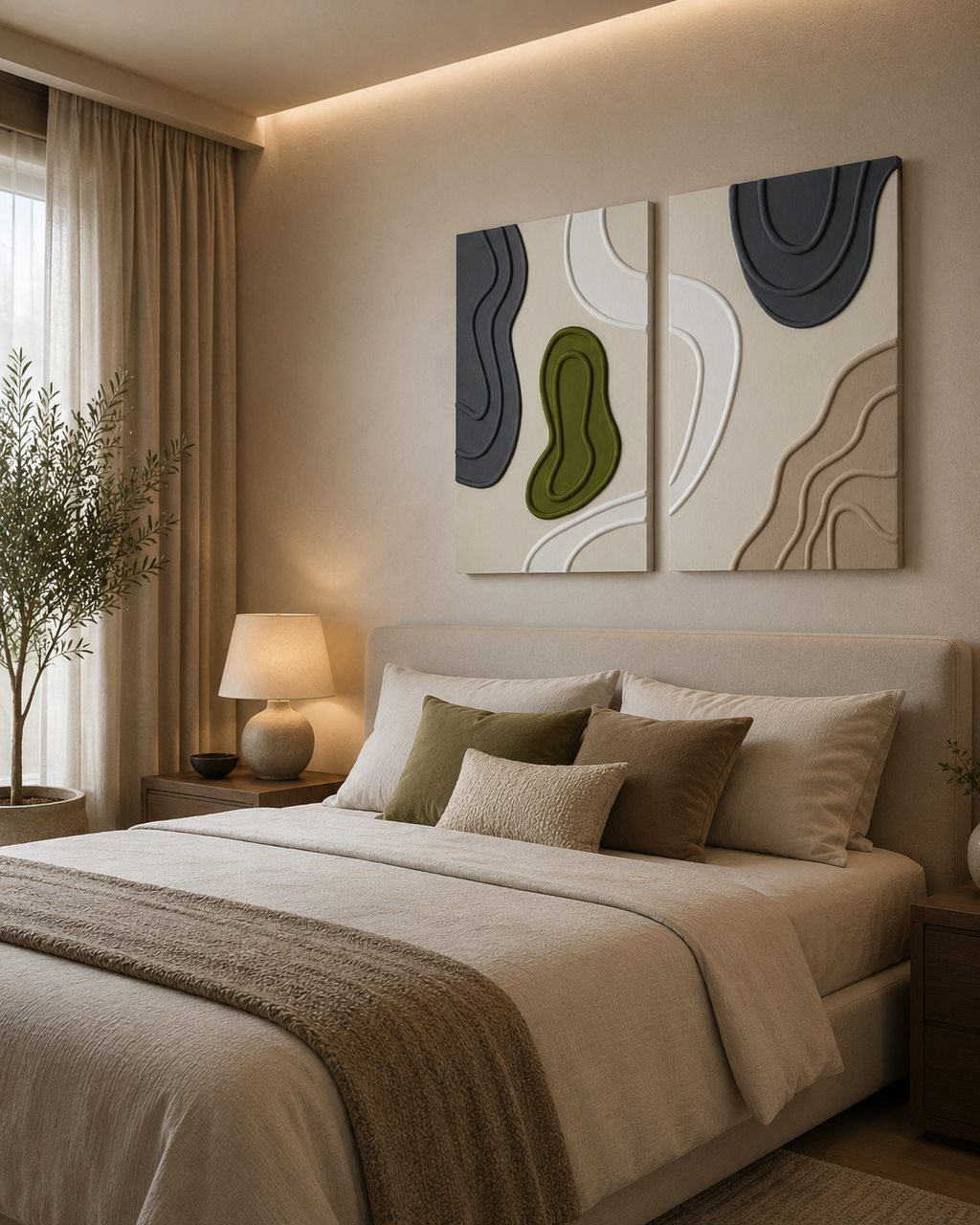 Organic Harmony – Handcrafted Sage Green, Charcoal Grey & Ivory Abstract Wall Art Set of 2 on Stretched Wooden Canvas | Wallorah