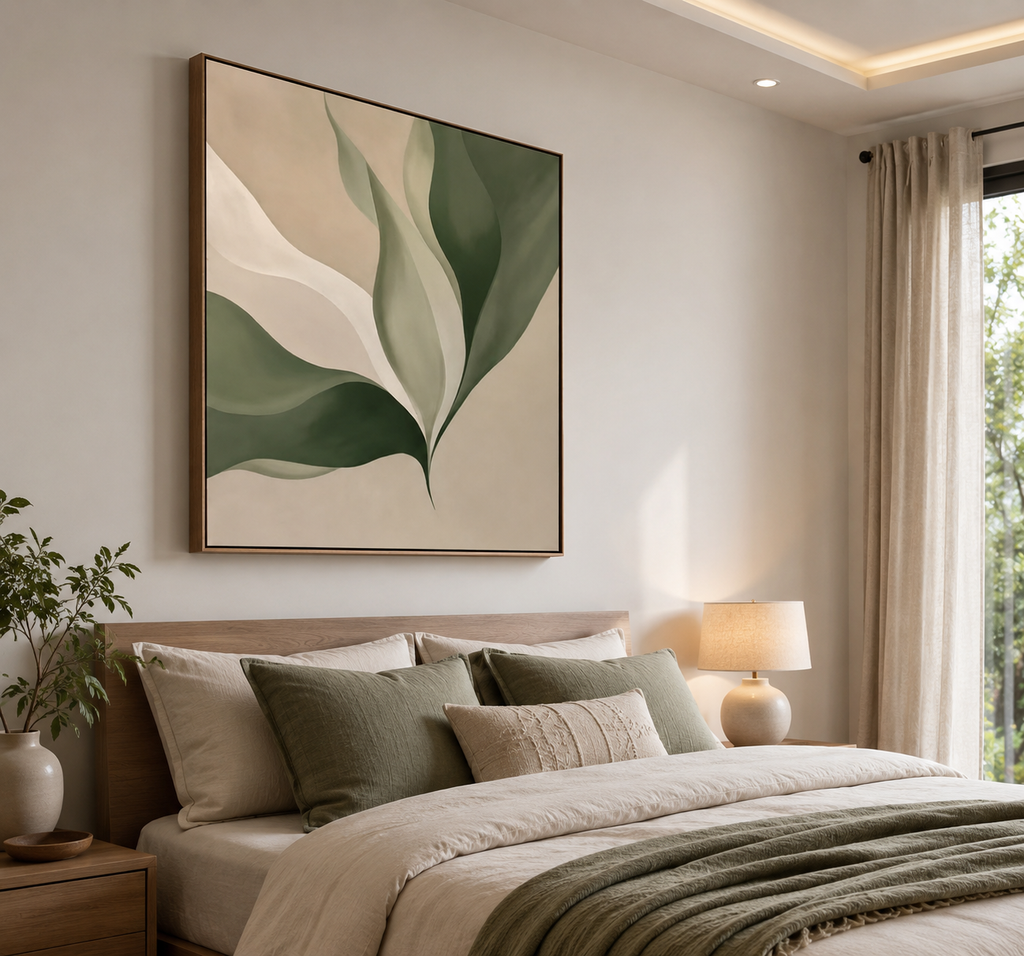 Serene Botanical Abstract Wall Art | Minimalist Green & Beige Canvas – Wallorah