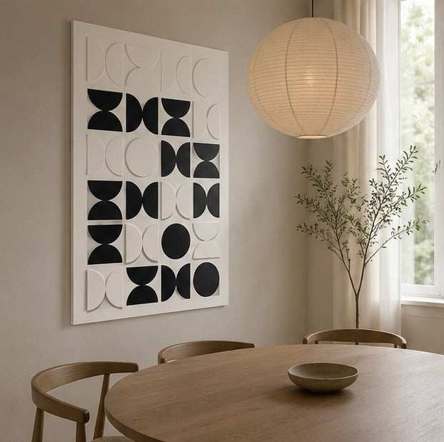 Monochrome Eclipse Grid – Black & Ivory Handcrafted Geometric Wall Art on Stretched Wooden Canvas | Wallorah